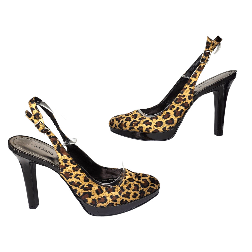 Alfani Shoes Womens 8.5 Brown Black Leopard Cheetah Slingback Heels Closed Toe